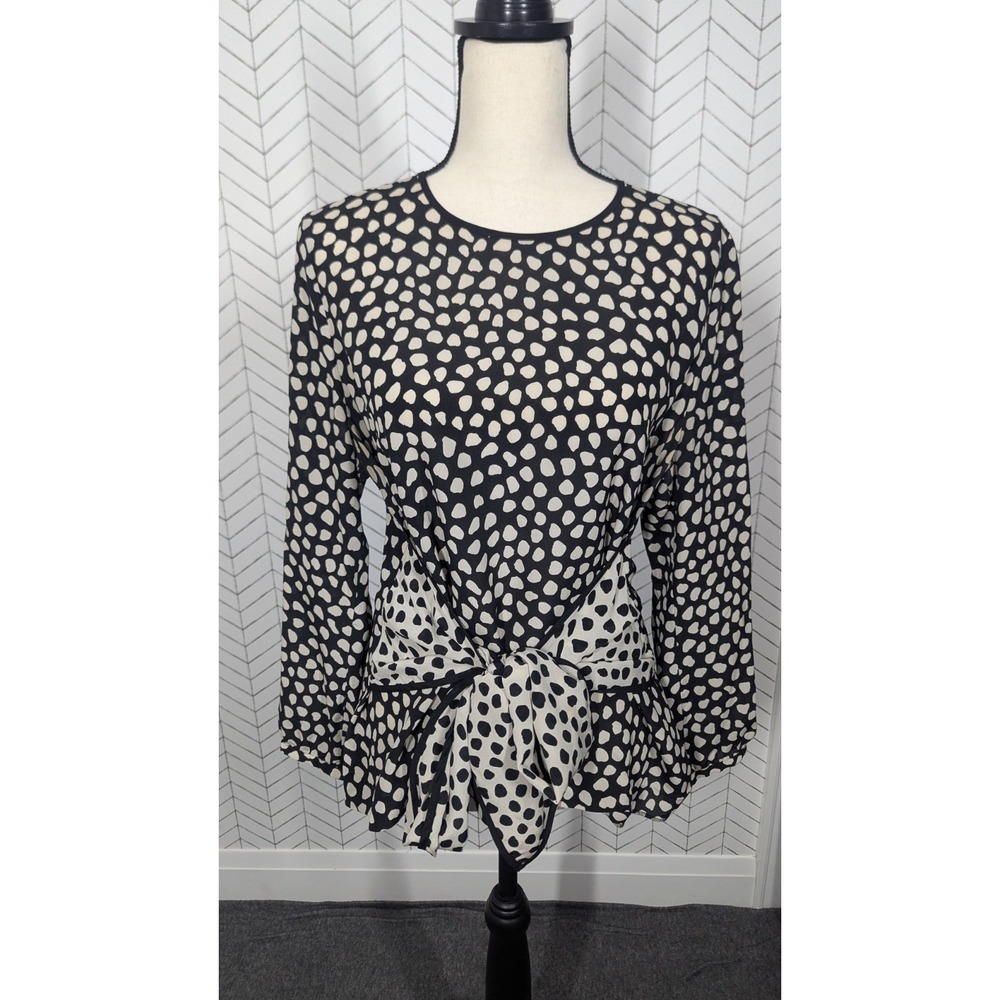 J Crew Silk Blouse Women's 10 Black Ivory Silk Animal Print Bow Keyhole Office